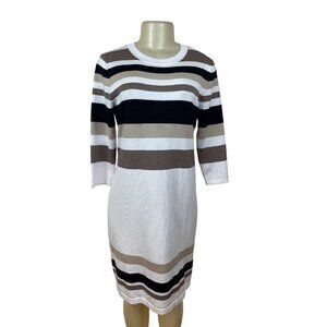 Allison Brittney Striped Knit Shift Dress Beige/Black/White l Crew Neck Size M